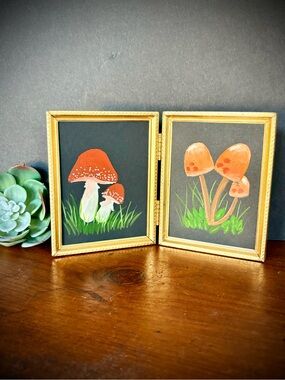 Hand-Painted Mushroom Gouache Paintings in Vintage Gold Hinged Frame- Curios